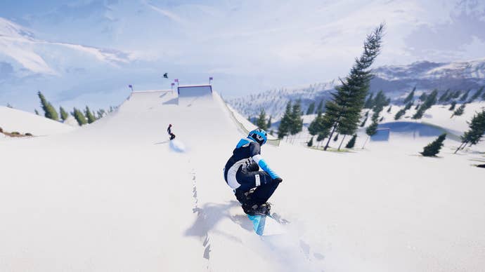 A Descenders Next screenshot showing a player snowboarding down a mountain.