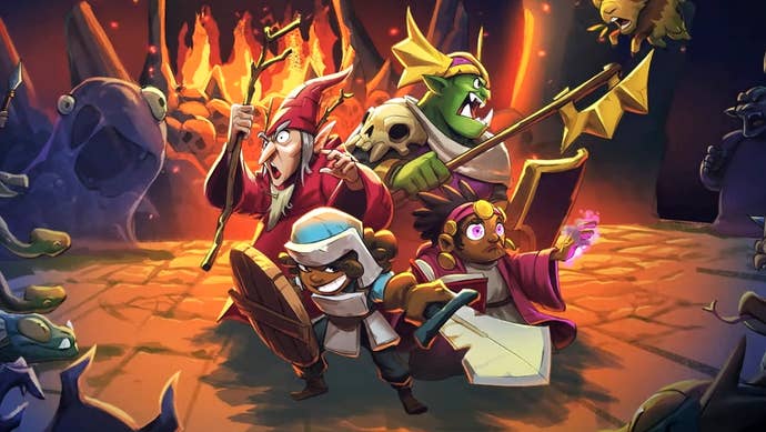 Four cartoon fantasy heroes are backed into a fiery corner by a horde of enemies. Will they survive?