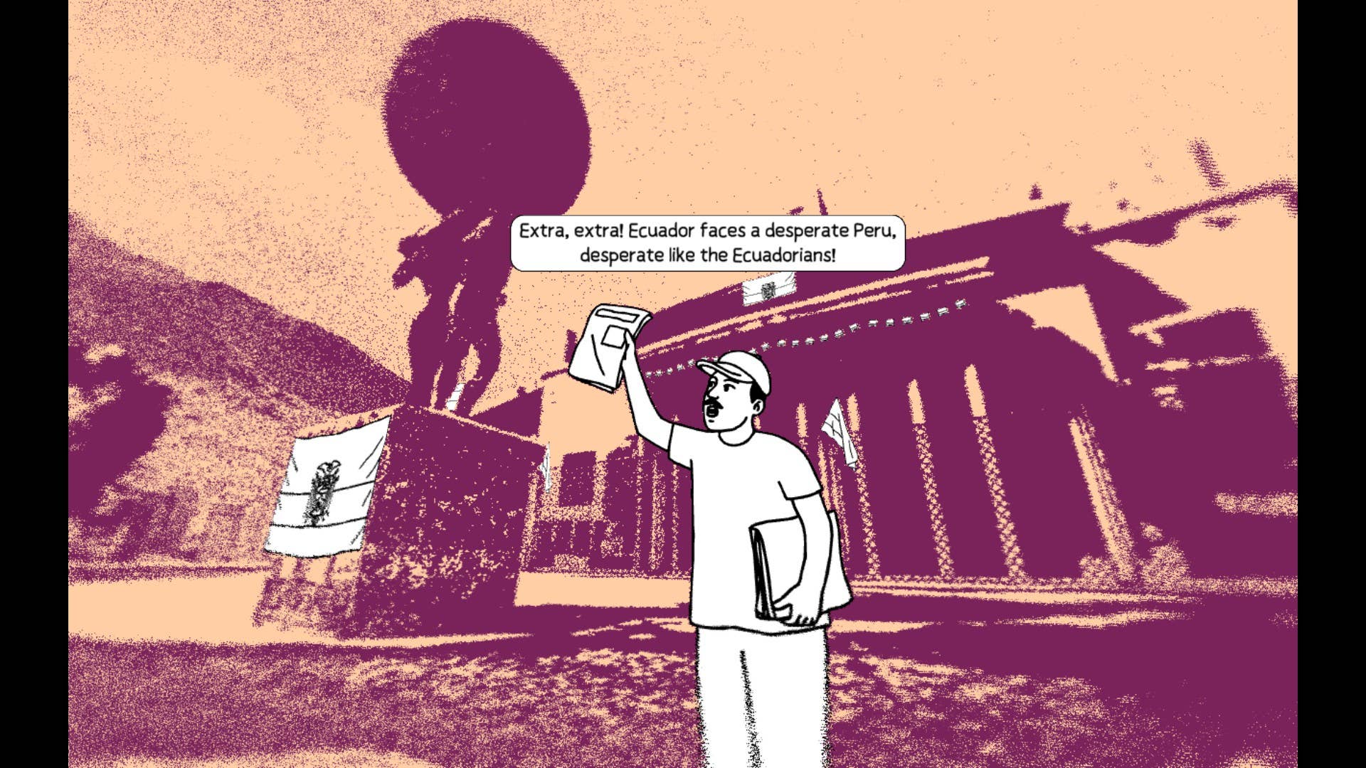 A man with a newspaper calls out some news about Ecuador's football matches in Despelote.