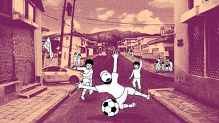 Despelote official key art showing kids in black and white line drawing having a game of street football against more realist, but sepia backgrounds of Ecuador's streets