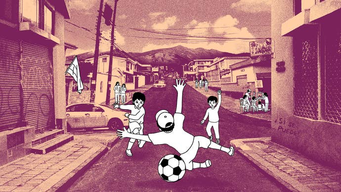 Despelote official key art showing kids in black and white line drawing having a game of street football against more realist, but sepia backgrounds of Ecuador’s streets