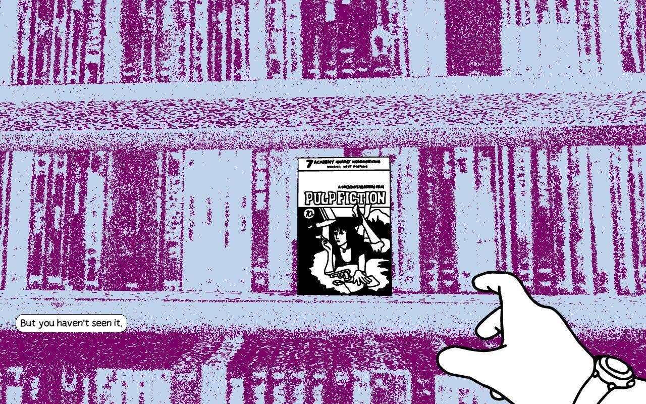 Despelote screenshot showing you reaching towards a DVD rack with a copy of Pulp Fiction on it