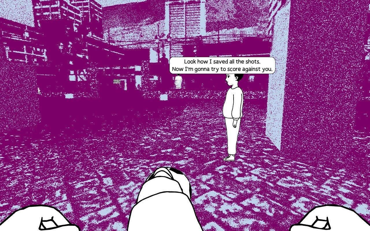 Despelote screenshot showing you kicking a ball in the streets, under purple hue, with a person and a football-related speech bubble