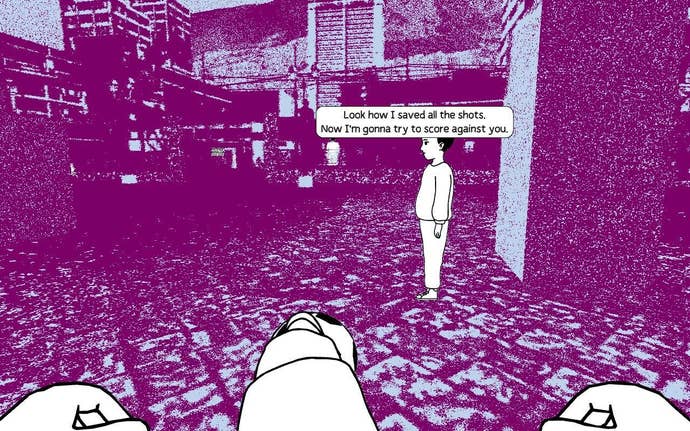 Despelote screenshot showing you kicking a ball in the streets, under purple hue, with a person and a football-related speech bubble