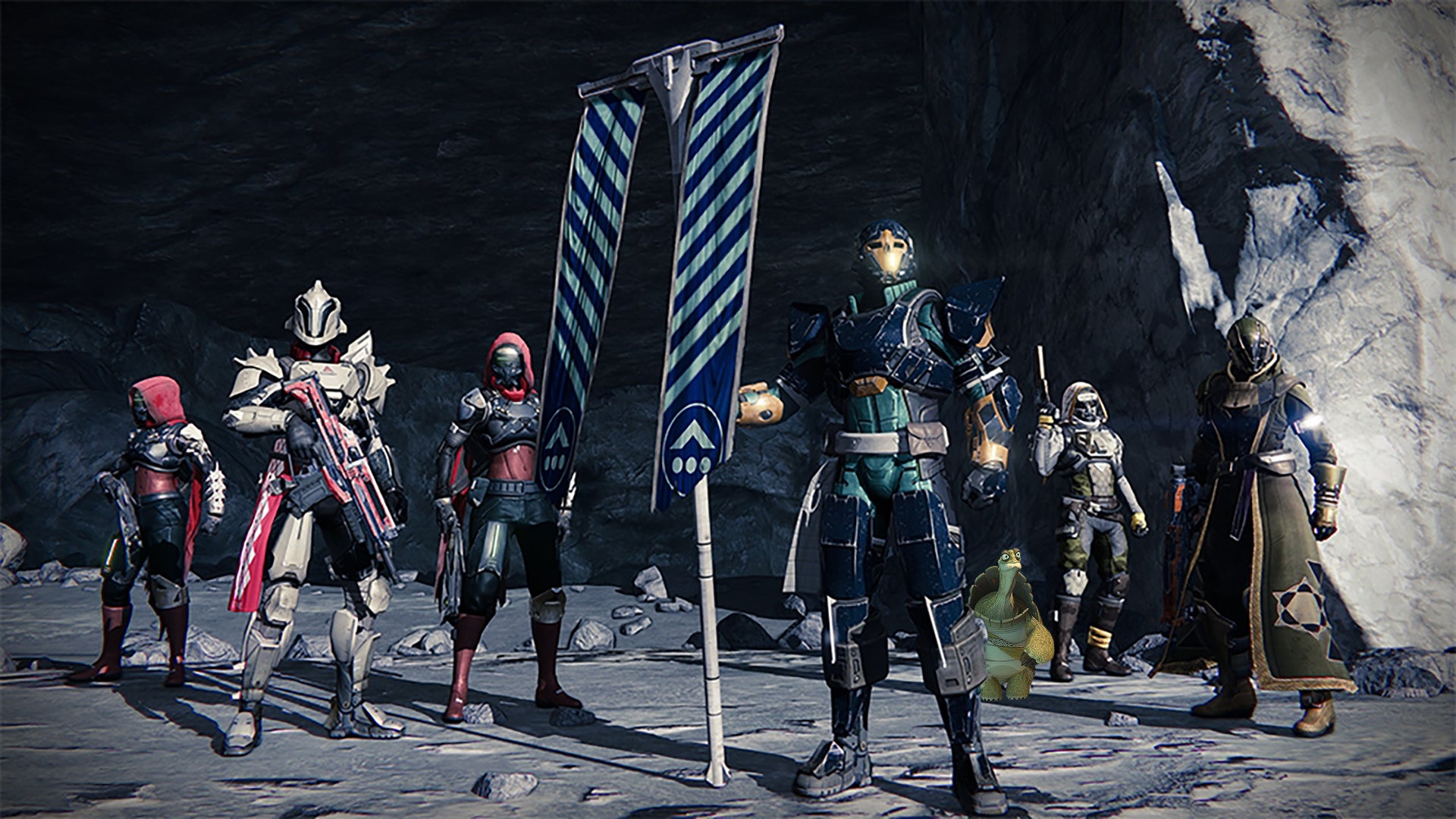A squad from the original Destiny standing next to a flag, with Kung Fu Panda&rsquo;s Master Oogway also basking in their glory.