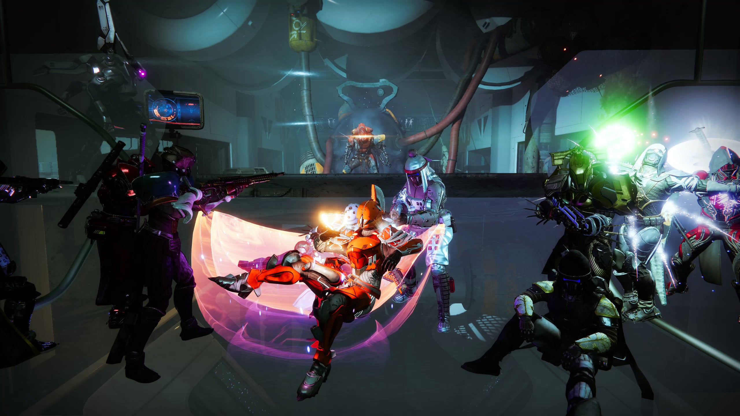 Far too many Guardians pose before Atraks-1 and Taniks in Destiny 2&rsquo;s Deep Stone Crypt raid, using the 12-man glitch.