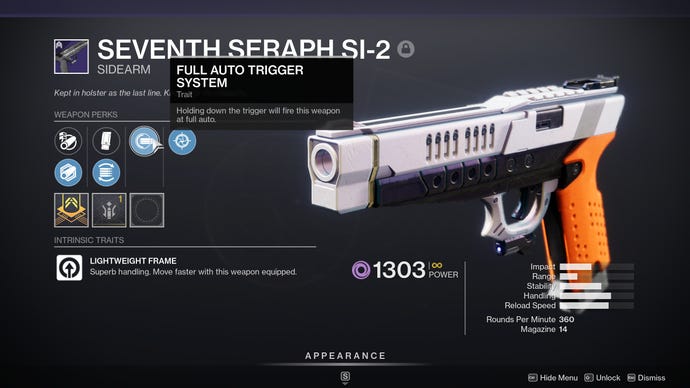 A screenshot of Destiny 2’s Seventh Seraph SI-2, with the Full Auto Trigger System perk.