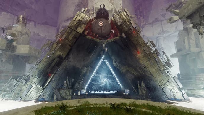 A strange triangular building surrounding a glowing portal in Destiny 2's Echoes update.