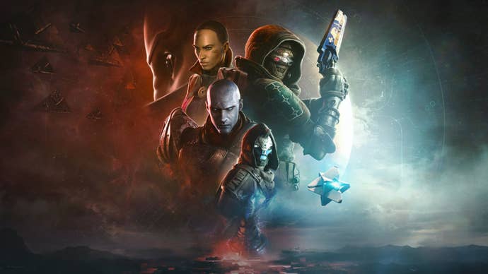 Destiny 2 artwork showing multiple characters holding pistols over a misty planet