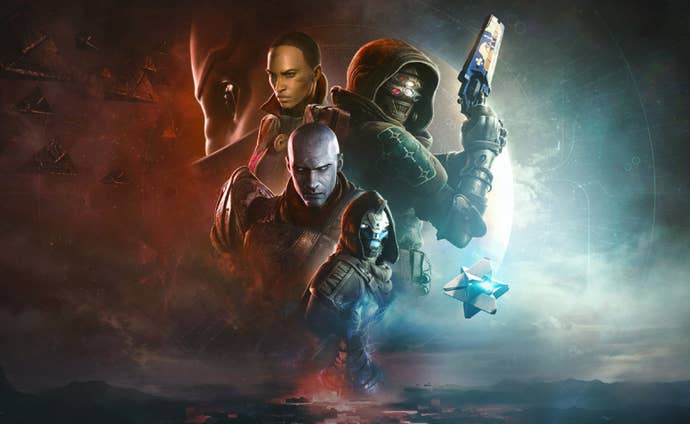 Artwork for Destiny 2: The Final Shape showing collage of characters holding pistols over a misty planet