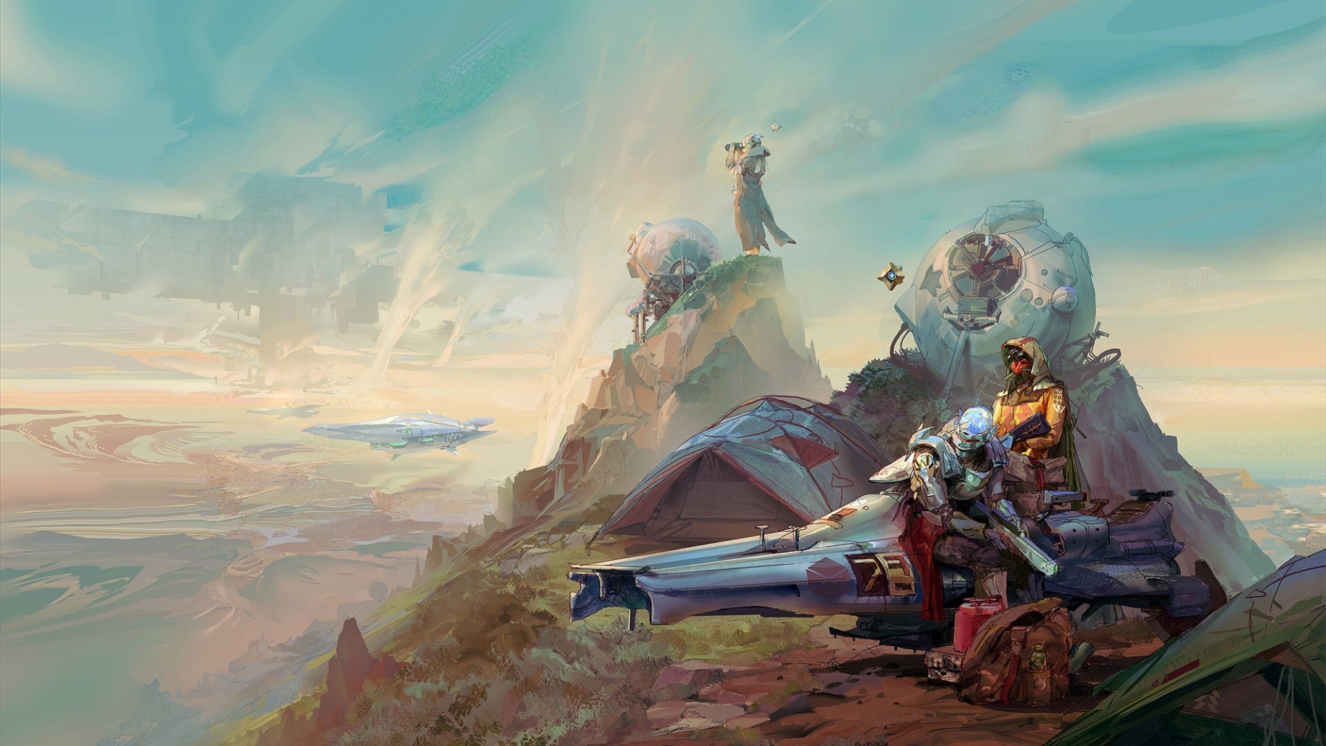 Destiny 2 Frontiers art, showing Guardians looking out over a mountain top. - 1