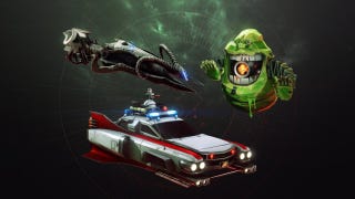 A promotional image for Destiny 2's Ghostbusters collaboration, showing cosmetics including a Slimer-themed Ghost skin.