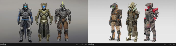 Concept art for monster and dinosaur costumes in Destiny 2.