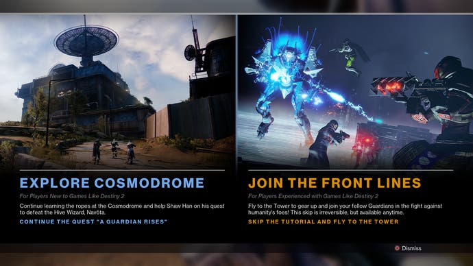 The screen that provides players two options to either continue with the New Light opening quests, or skip it all and head straight to the Tower to jump into the core gameplay content of Destiny 2.