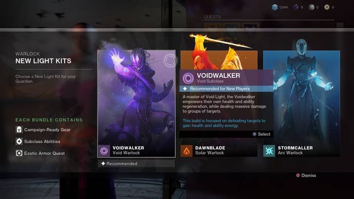 A selection of the three New Light Kits that all players can acquire when speaking to Ikora n the Tower after the release of Into the Light.