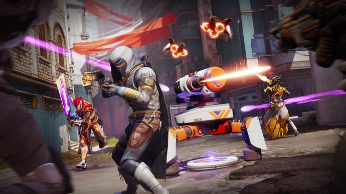 The Onslaught activity coming in Destiny 2 Into the Light, showcasing Guardians fighting and defending an area from enemies, with an automated turret and more.