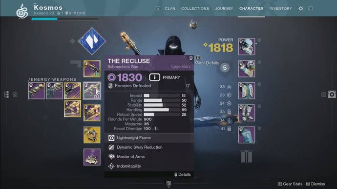 An image from the character screen, showcasing some of the returning weapons including The Recluse SMG.