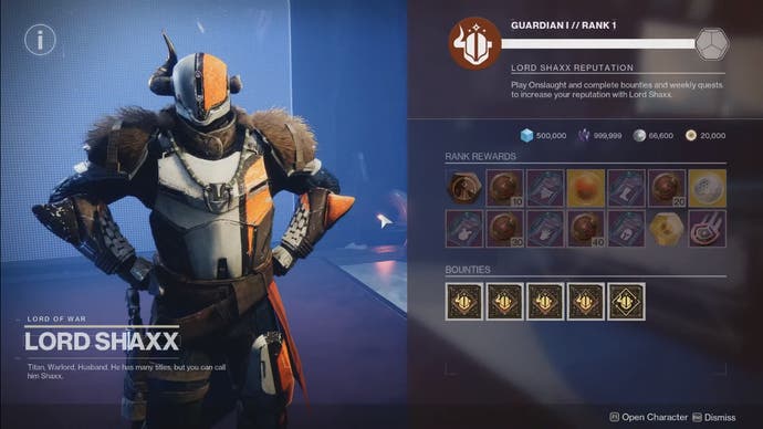 The vendor screen for Lord Shaxx in Destiny 2 Into the Light.