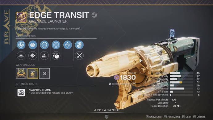 A limited-edition variant of the reprised Edge Transit,, featuring double perks, releasing with Destiny 2 Into the Light.
