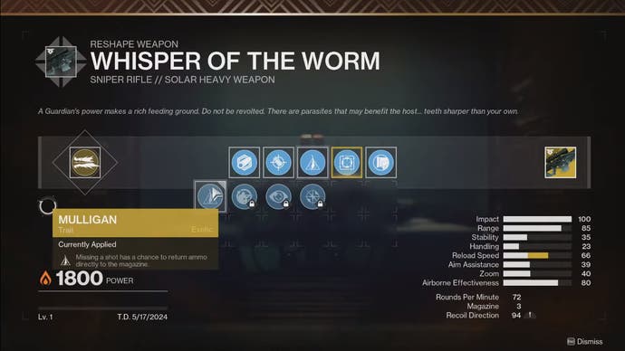 The crafting screen for the Exotic sniper rifle, Whisper of the Worm, in Destiny 2 Into the Light.