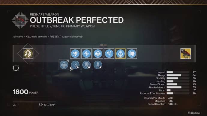 The crafting screen for the Exotic pulse rifle, Outbreak Perfected, in Destiny 2 Into the Light.