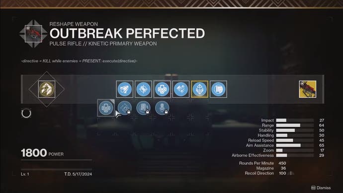 The crafting screen for the Exotic pulse rifle, Outbreak Perfected, in Destiny 2 Into the Light.