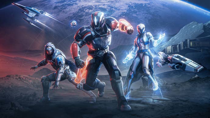 Promotional art showing Destiny 2’s Mass Effect collaboration event cosmetics.
