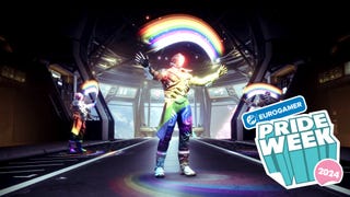 A group of Destiny 2 player characters using the official Pride emote to create rainbows over their heads. An overlaid logo reads, "Eurogamer Pride Week 2024".