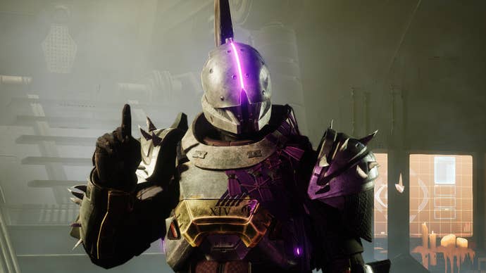 Saint-14 waggles a finger in a Destiny 2 screenshot.