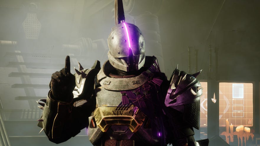 Saint-14 waggles a finger in a Destiny 2 screenshot.