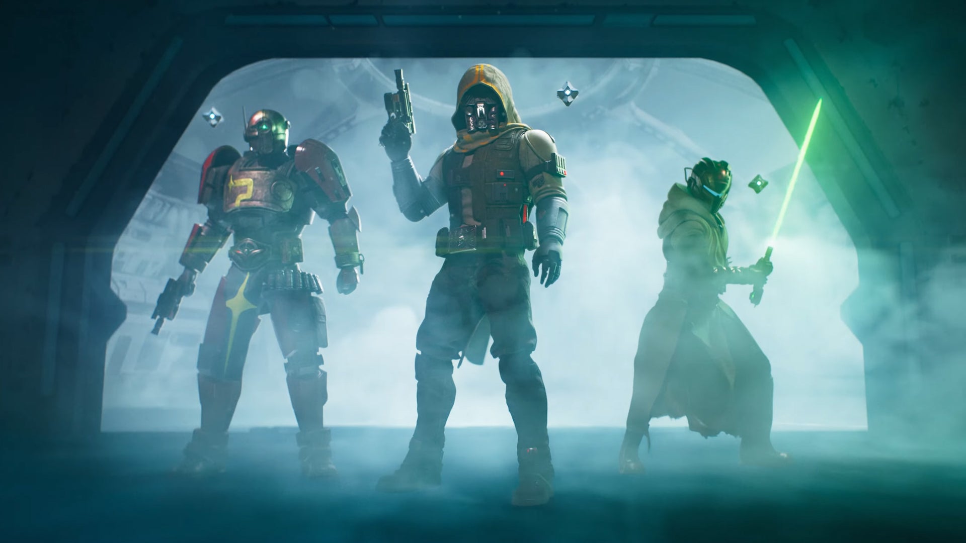 Three guardians from Destiny 2 are stood in a doorway, one of which is holding a lightsaber. - 1