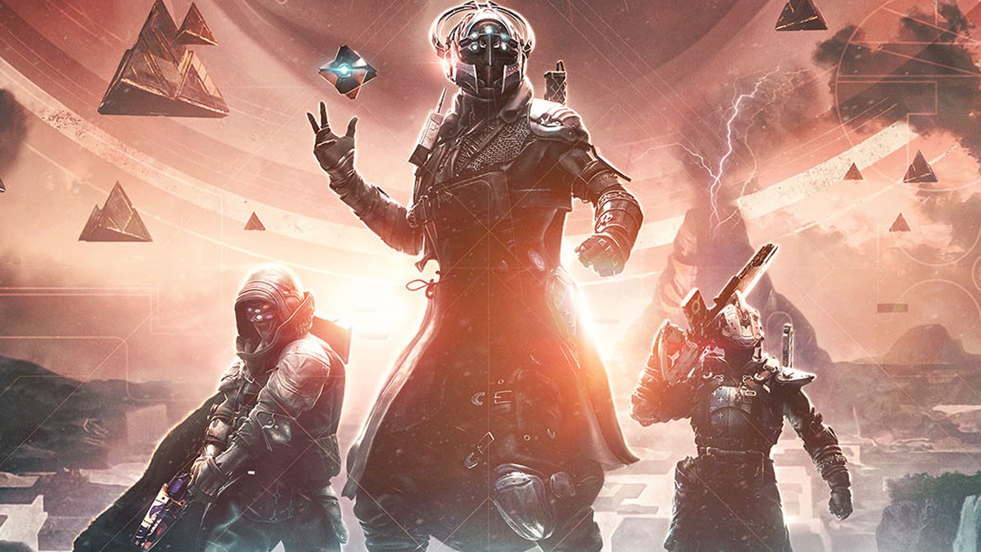 Artwork for Destiny 2 expansion The Final Shape showing three helmeted folks in front of floating triangles - 4