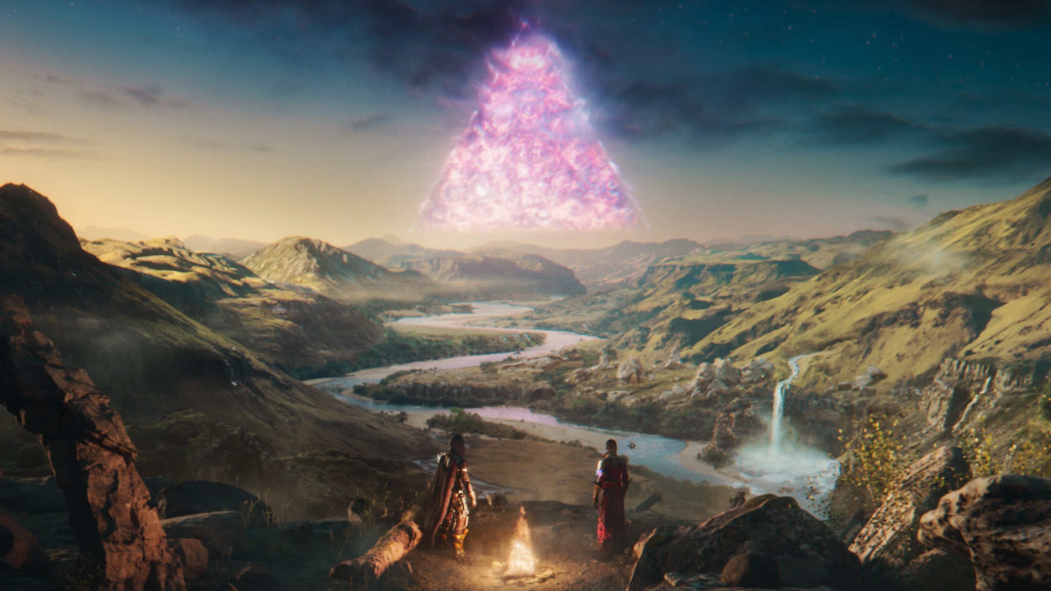 Cayde-6 and Ikora look at a giant pink triangle looming over valley in Destiny 2: The Final Shape's CG trailer. - 1