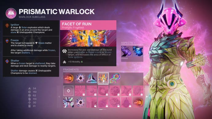 The Final Shape screenshot showing the Prismatic Warlock sunscreen. The image focuses on one of the prismatic facets (Ruin), which increases mobility while augmenting some stasis and solar effects.