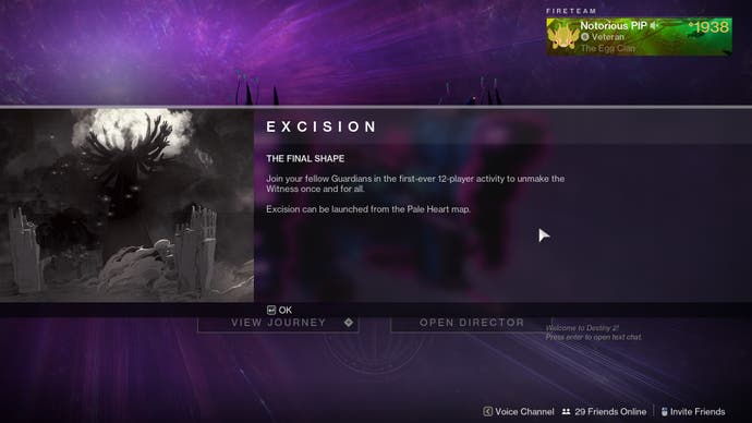 The Final Shape screenshot showing the in-game information screen outlining the Excision mission and where to find it in the game.