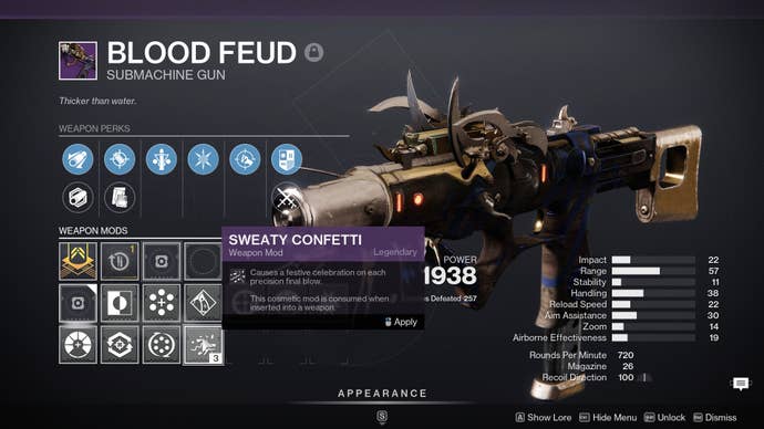 The Final Shape screenshot showing a Blood Feud submachine gun. The Sweaty Confetti weapon mod (which creates an explosion of confetti when you get a precision final blow) is highlighted.