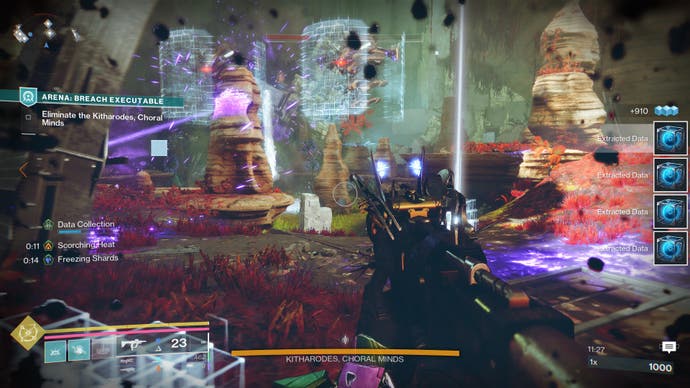The Final Shape screenshot showing a hectic scene from an arena mission in the Echoes episode. There are two Vex Hydras onscreen, as well as a lot of glowing purple debris.