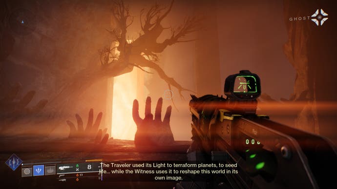The Final Shape screenshot showing a campaign story landscape with stone hands emerging from the ground and a dead tree sprawling to block part of the light.