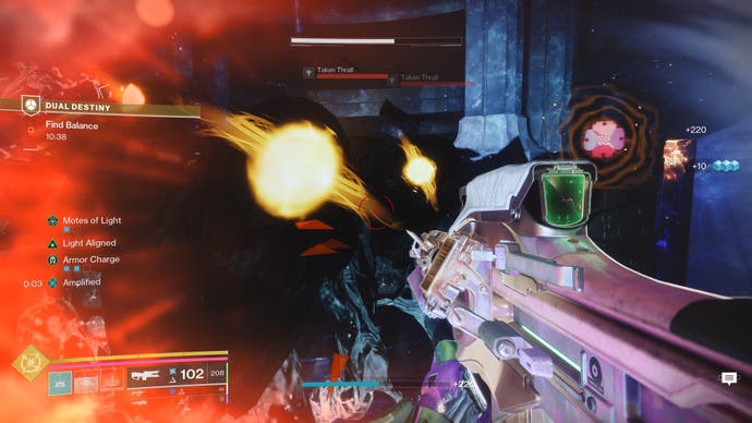 The Final Shape screenshot showing a player mid-battle in Dual Destiny. The player is surrounded by enemies and at half health.