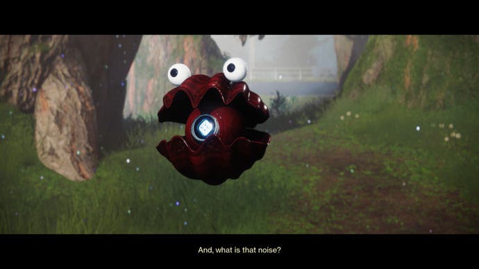 The Final Shape screenshot showing a player's ghost asking "And, what is that noise?" The ghost is skinned and recoloured to look like a red clamshell with googly eyes – as close to Sesame Street's Elmo as the game allows.