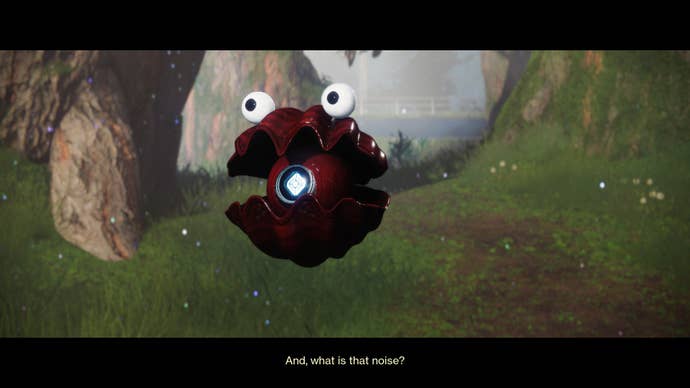 The Final Shape screenshot showing a player’s ghost asking “And, what is that noise?” The ghost is skinned and recoloured to look like a red clamshell with googly eyes – as close to Sesame Street’s Elmo as the game allows.