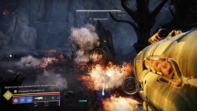 The Final Shape screenshot showing a fight sequence bathed in fire, thanks to the projectile from the Dragon's Breath exotic weapon.