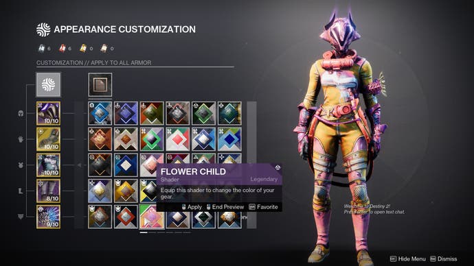 The Final Shape screenshot showing an appearance customisation menu. The screenshot demonstrates the new iconography for the shaders which change the colouring of armour and weapons.
