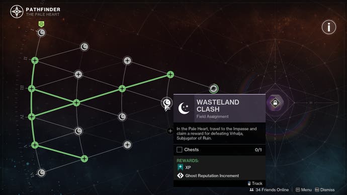 The Final Shape screenshot showing the Pathfinder reward track system for some activities. An example task for completing one of the steps along the path is highlighted.
