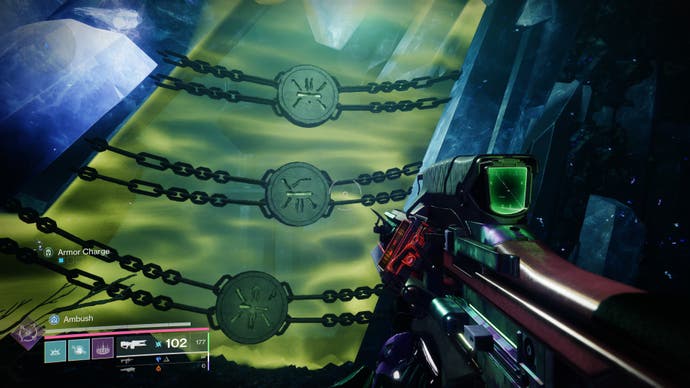 The Final Shape screenshot showing a doorway with three rune-locked chains hanging across and preventing access.