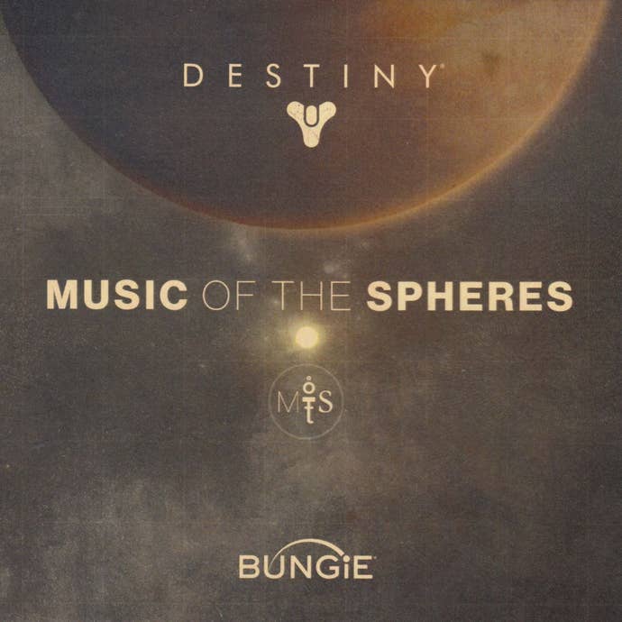 Destiny's 'Music of the Spheres' cover art; a planet hovers at the top of the image, with the Destiny symbol on top of it.