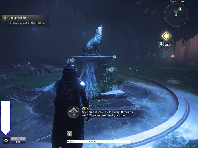A screenshot of Destiny Rising showing the game's settings button.