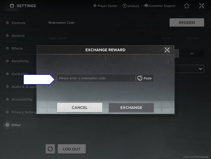 A screenshot of Destiny Rising showing the game's codes field.