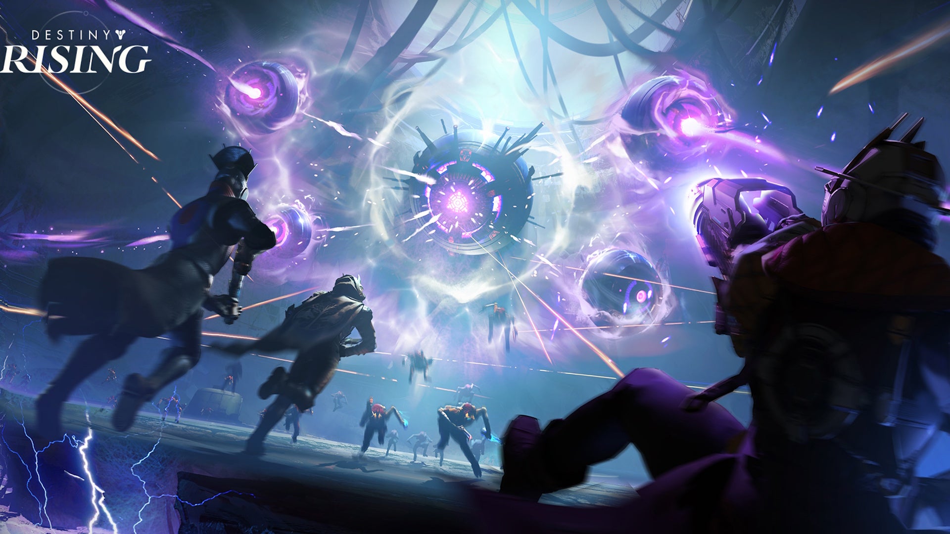Three Destiny Rising characters taking on a glob of purple energy - 3