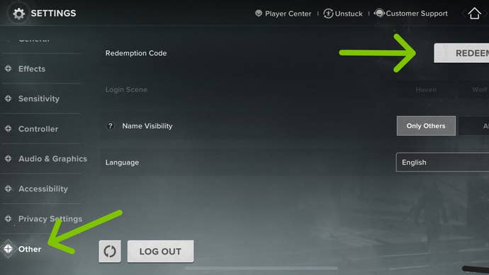 Settings menu in Destiny Rising, with arrow tip